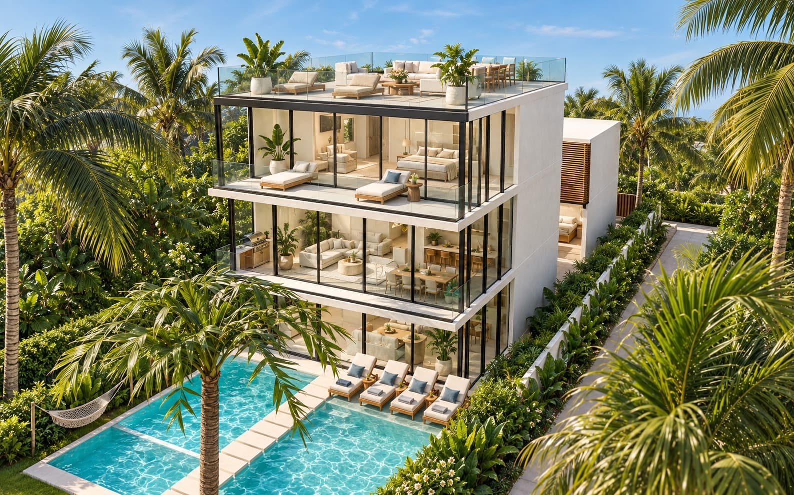 Virtually staged architectural interpretation of Côte de Mar’s oceanfront exterior and pool